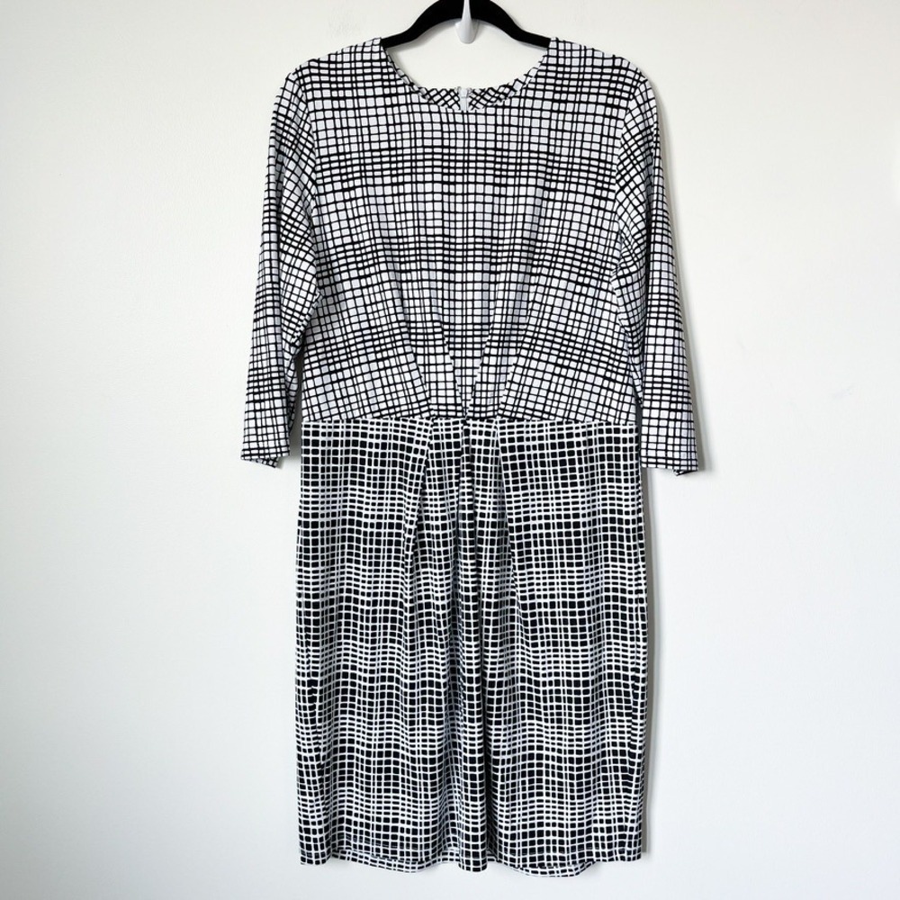 J. McLaughlin Catalina Cloth Mia Dress 3/4 Sleeve Pleated Womens XL‎ Black White
